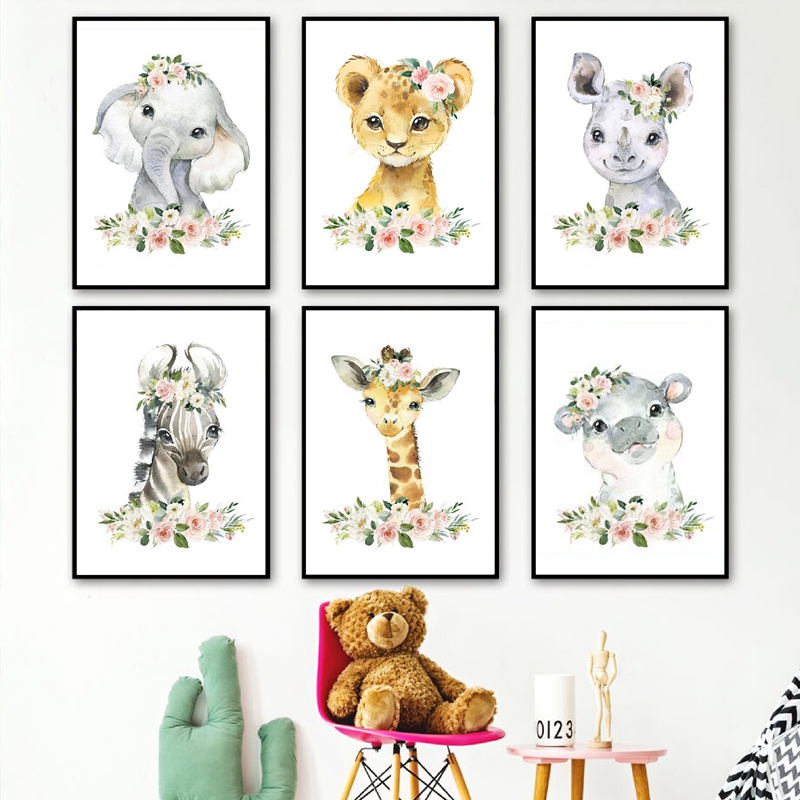 Baby Nursery Girl Room - Cetakan Kanvas Hewan Hutan Bunga Dekorasi