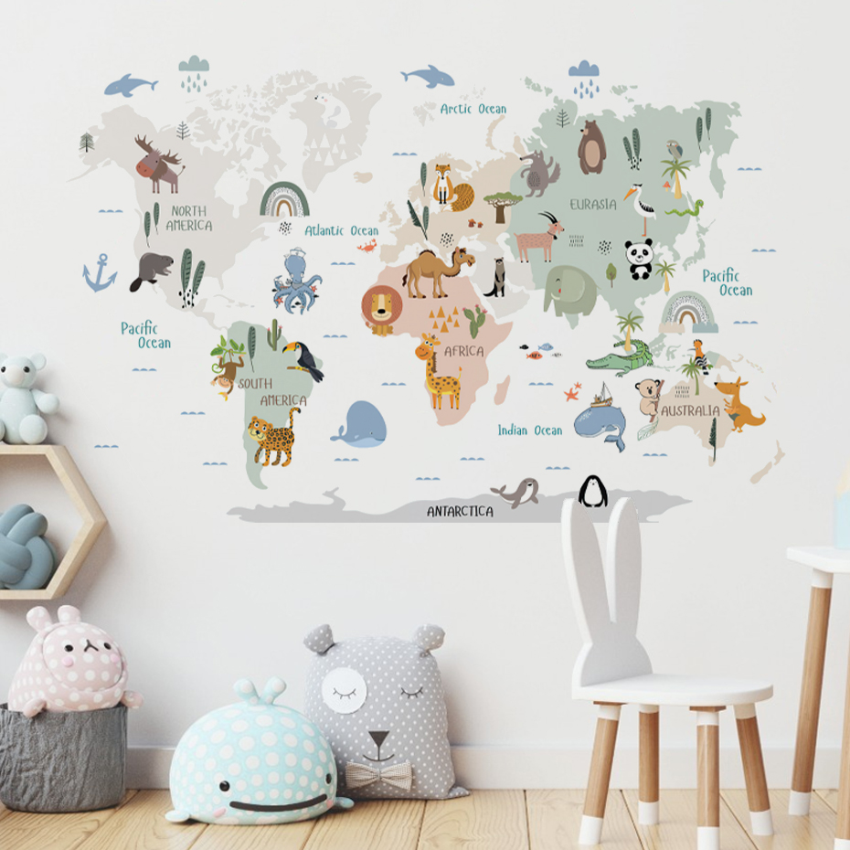 Baby Nursery Girl Room - Stiker dinding peta dunia kartun cat
